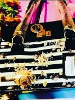 Julia Michaels Black & White Striped Floral Tote with Gold Accents